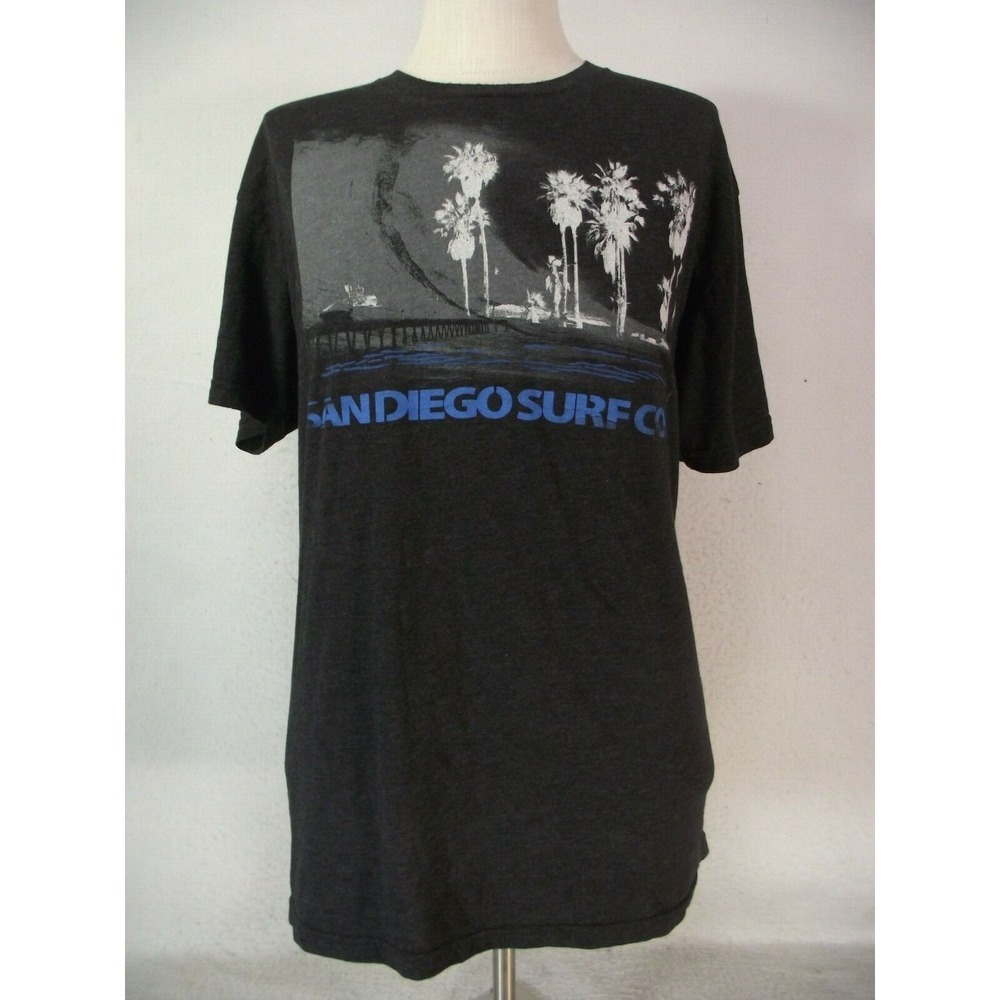 San Diego Surf Co T-Shirt Men XL Black Graphic Tee Short Sleeve Palm Tree Pier
